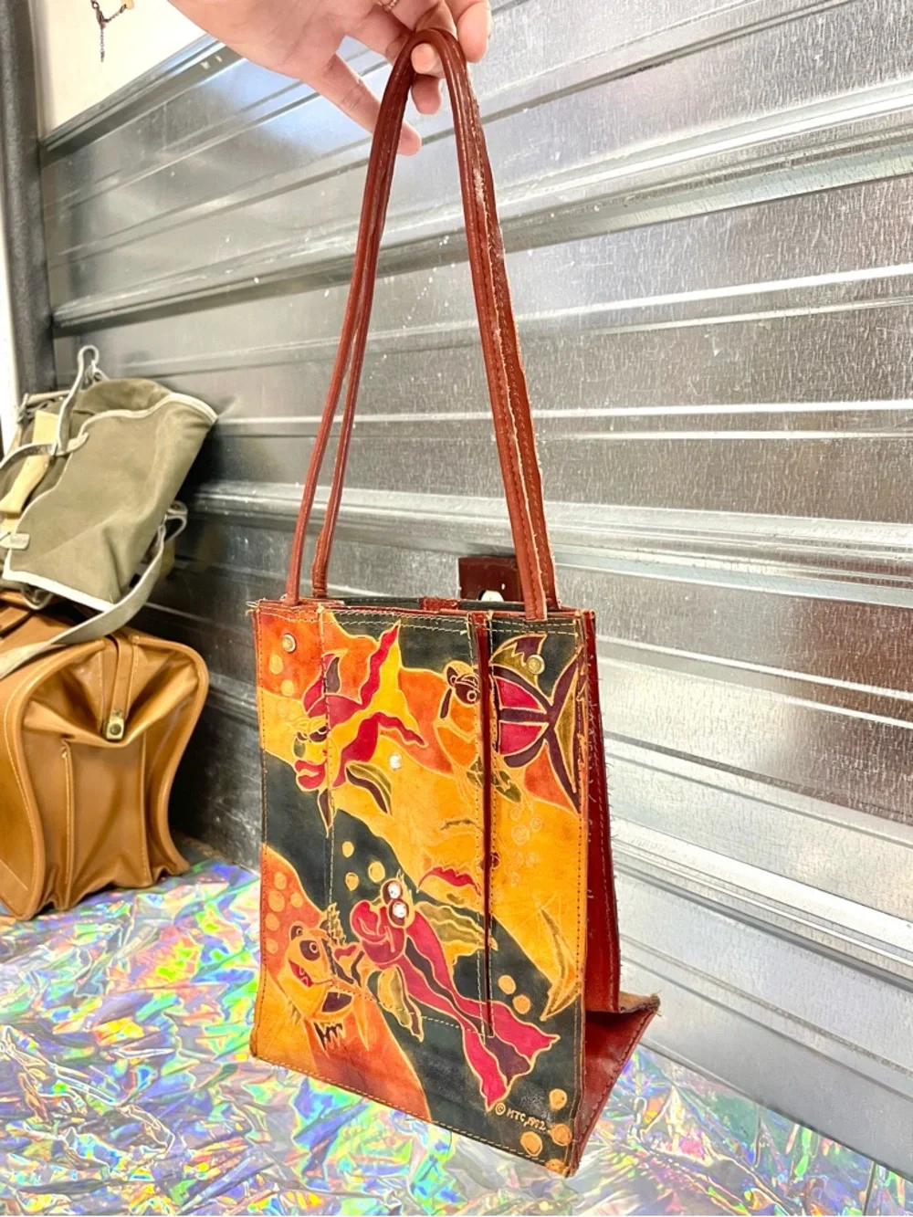 Vintage 1992 Embossed Leather Mini Bag Abstract Art Faces Fish Design Folk Art